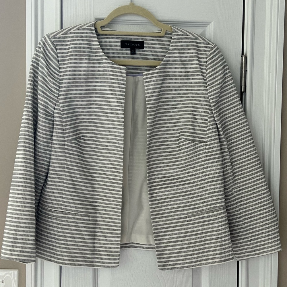 Like New Talbots open front blazer white and gray stripes size 12